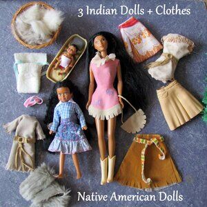 POCAHONTAS DOLL + GIRL + BABY NATIVE AMERICANS + CLOTHES, FUR; DISNEY BARBIE